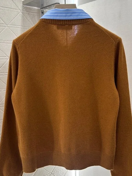 NWT Women's Brown Wool Miu Miu Cardigan with Blue Striped Collar L - Picture 3 of 3